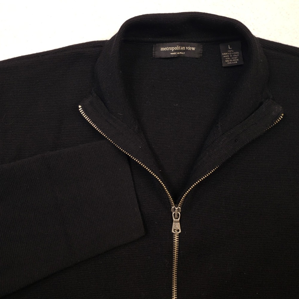 Metropolitan View Full Zip Cardigan Mens Large Black Merino Wool Made in Italy
